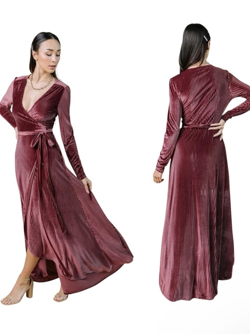 Baltic Born Burgundy Romantic Ribbed Velvet LongSleeve V-neck Wrap Maxi Dress XL